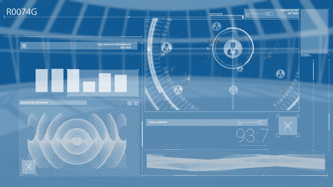 파란색 배경에 금융 데이터 처리 및 모양의 애니메이션