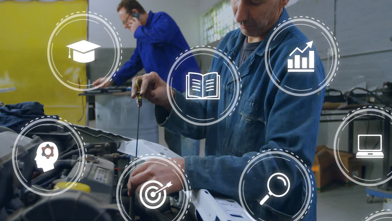 Mechanic consulting paper, tightening part using screwdriver, icons guiding, colleague calling