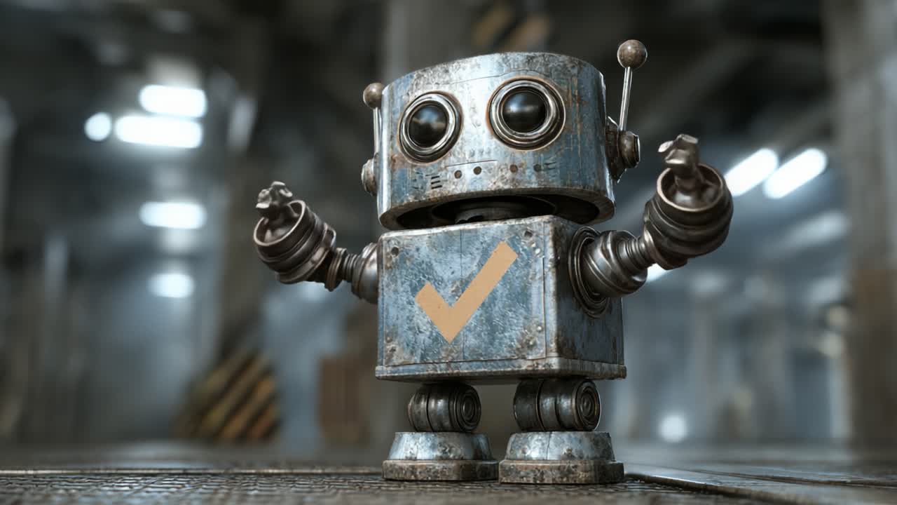 Un affascinante personaggio robotico che mostra il suo design meccanico e l'espressione giocosa in un ambiente industriale con un inconfondibile emblema a spunta
