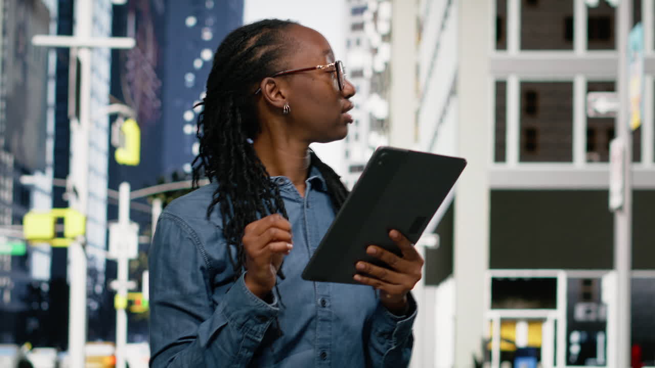 Smiling african american woman using tablet and walking in the city center