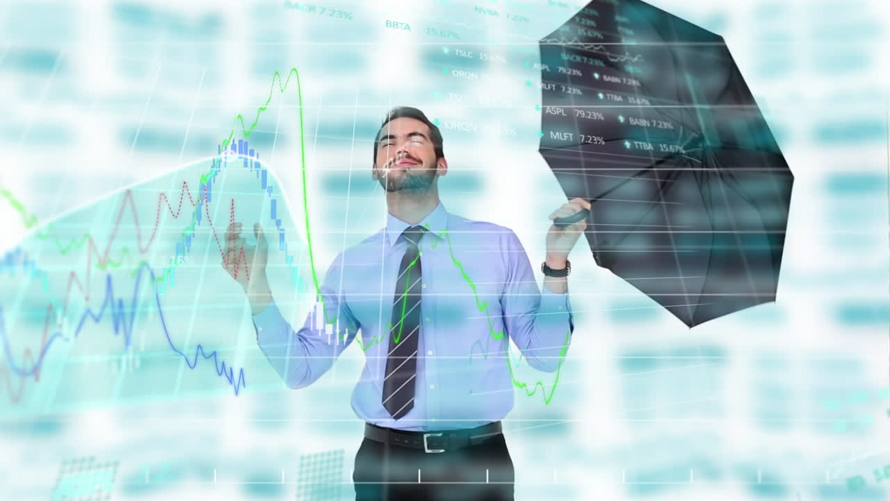 procesamiento de datos financieros contra el hombre de negocios con un paraguas