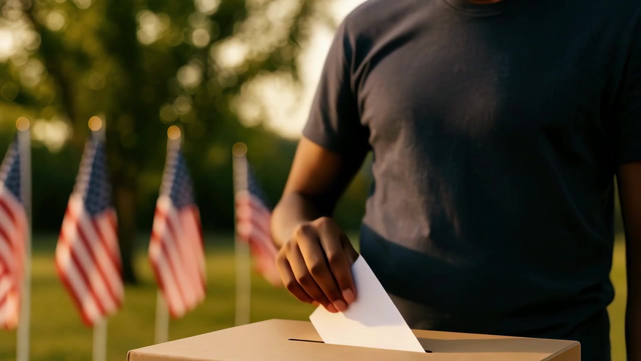 Person Casting a Vote in a Ballot Box with American Flags