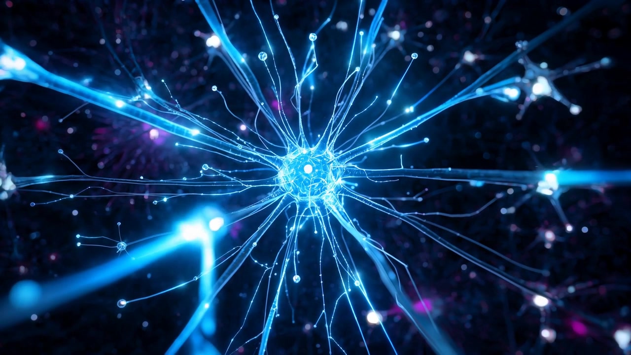Soma blu pulsante che invia un segnale di rete lungo filamenti in un vuoto neurale, mentre l'arco sinistro illumina i nodi.