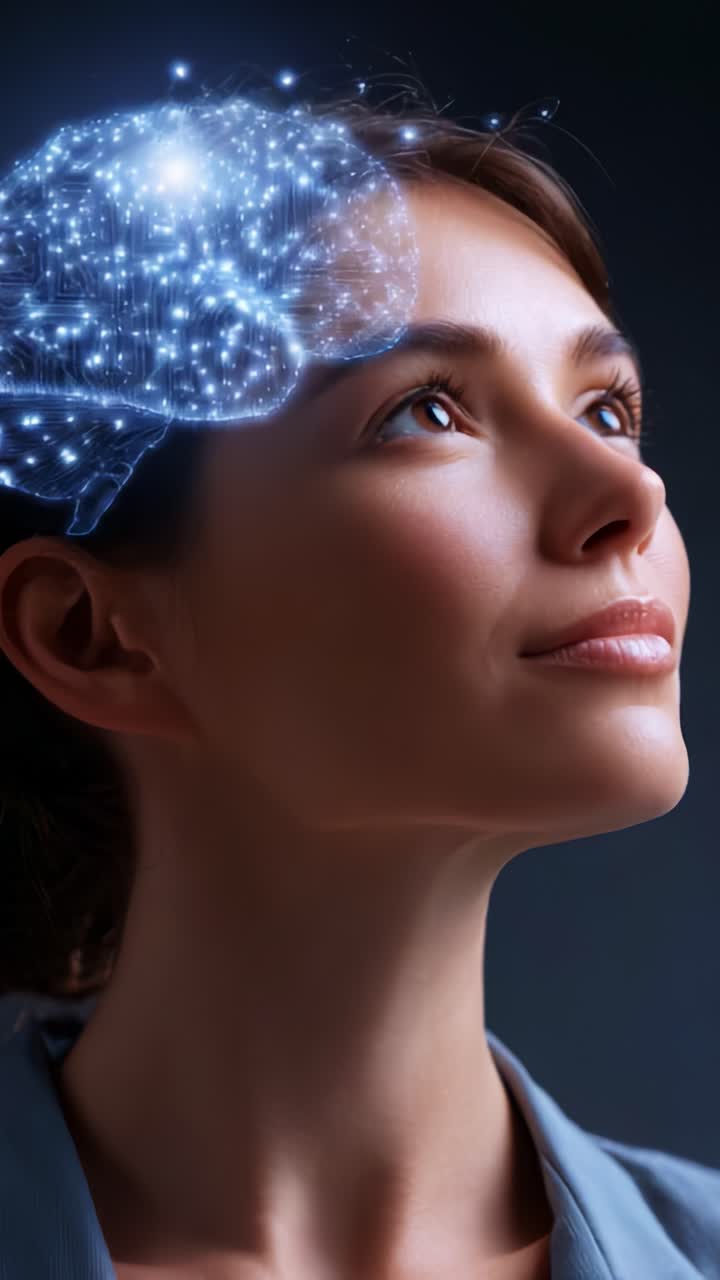 Una mujer mira pensativa hacia arriba, con una ilustración luminosa de un cerebro digital que emana de su frente, lo que simboliza la creatividad, la inteligencia y la innovación.