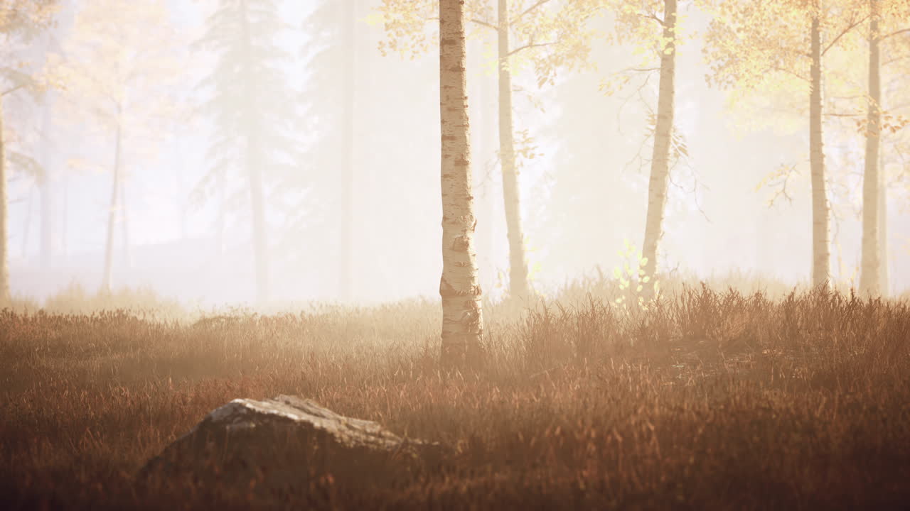 안개 가 있는  ⁇ 은 여름 아침 에 버크 숲 에서 해가 뜨는 장면