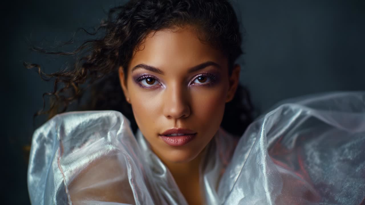 Beautiful Woman Portrait with Makeup and Silver Clothing