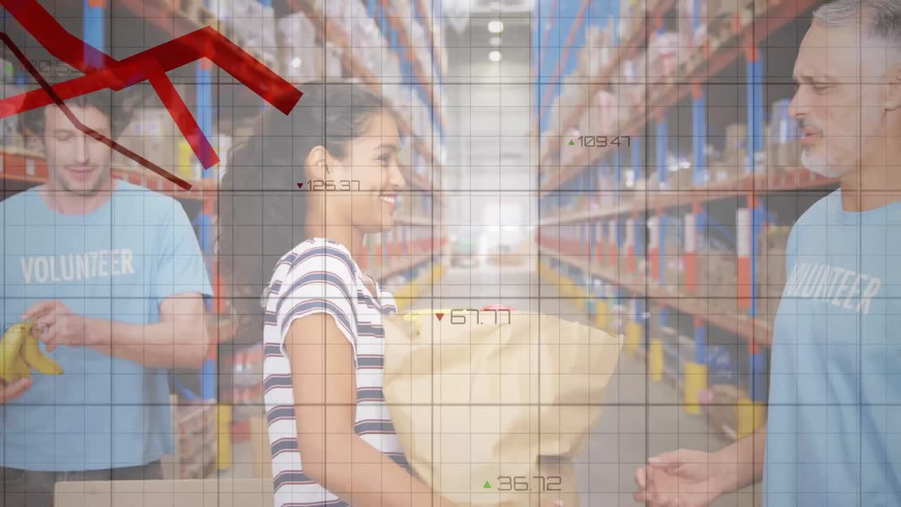 아프리카계 미국인 여성이 백인 남성 자원봉사자에게 기부하는 빨간 그래프의 애니메이션