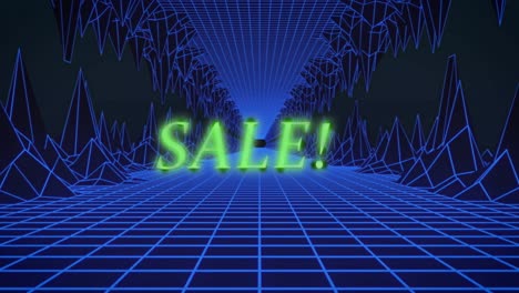 Animation-of-sale-text-in-green-neon-letters-over-blue-glowing-map-with-grid