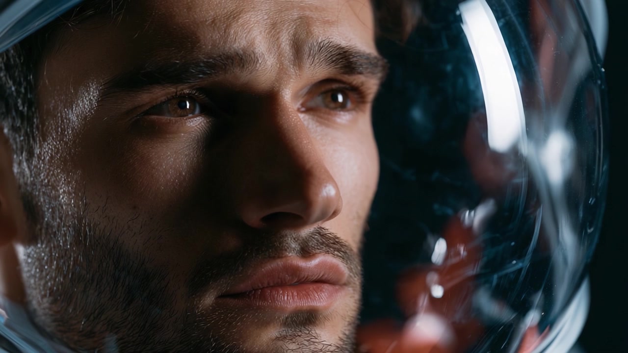 An Introspective Moment: A Close-Up Illustration of a Young Astronaut Inside His Helmet, Capturing the Depth of His Emotions and Thoughts in Space