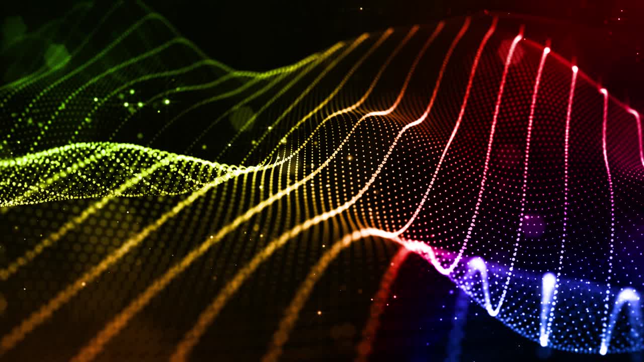 4k looped sci-fi background with bokeh and light effects. Glow gradient color particles form lines, surfaces, string structures as virtual space or hologram for HUD screen. 9