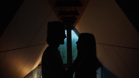 Romantic-meeting:-silhouettes-of-a-guy-and-a-girl-look-at-each-other-and-hug-in-a-dark-room