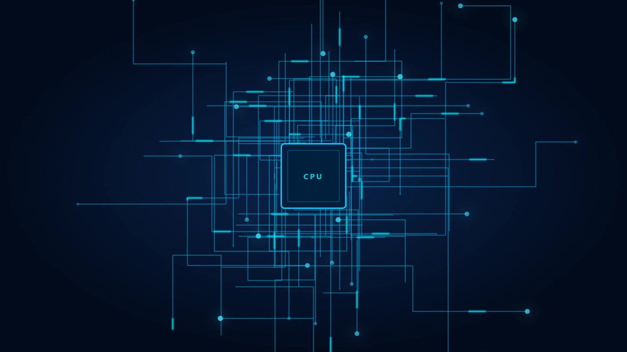 Digital CPU-processorchip med glødende datakredsløbslinjer