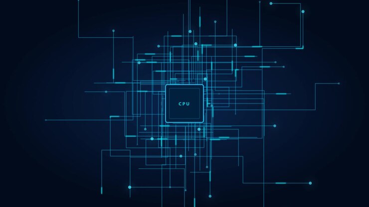 Chip processore CPU digitale con linee di circuito dati luminose