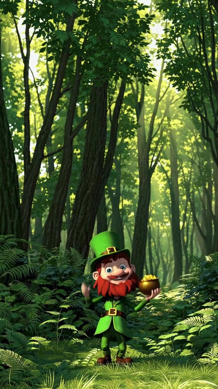 Duende Animado Segurando um Pote de Ouro em uma Floresta Exuberante