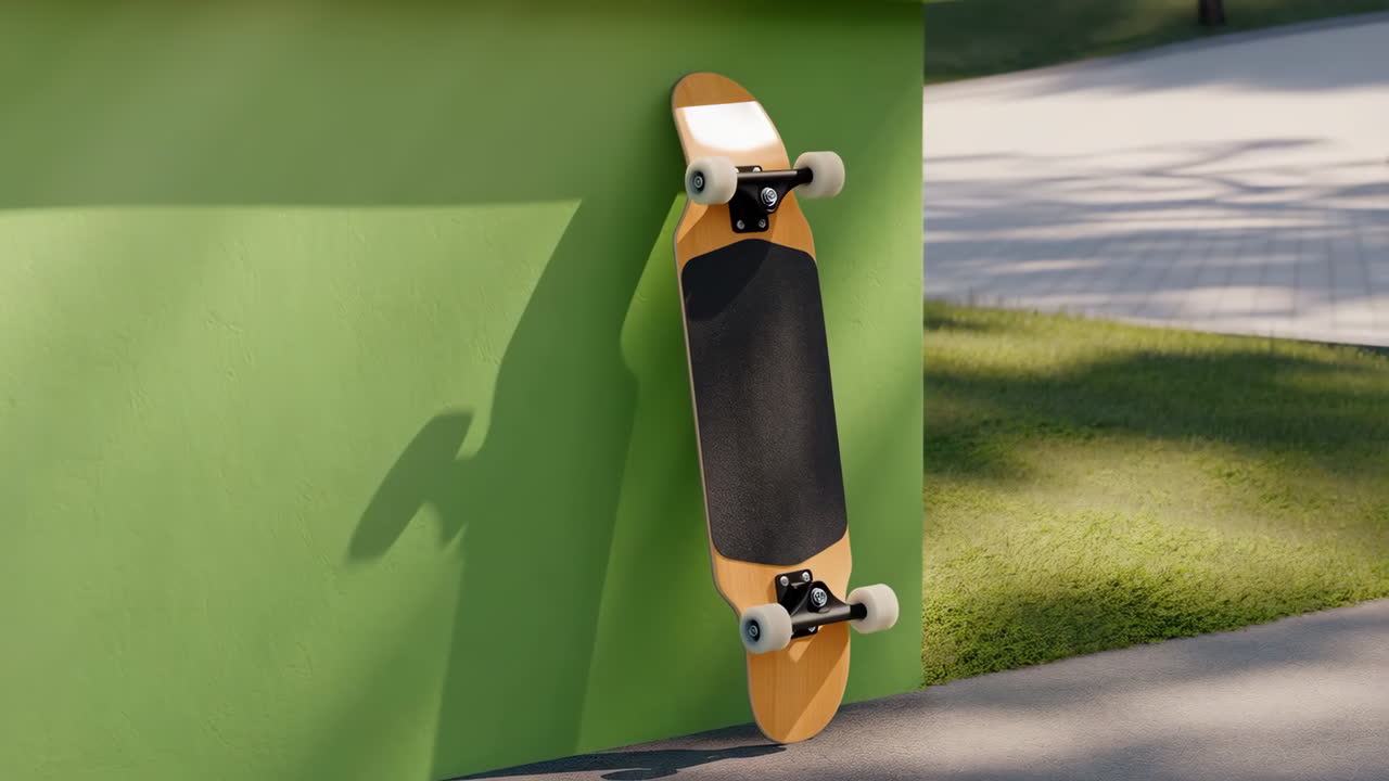 Longboard Skateboard Leaning Against a Green Wall Outdoors
