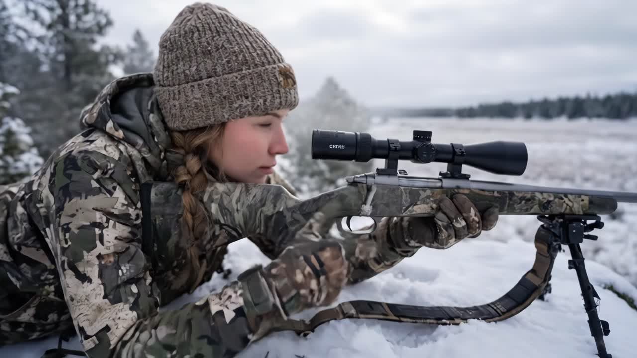 Ung kvinne som jakter og skyter med rifle i snødekt vinterlandskap