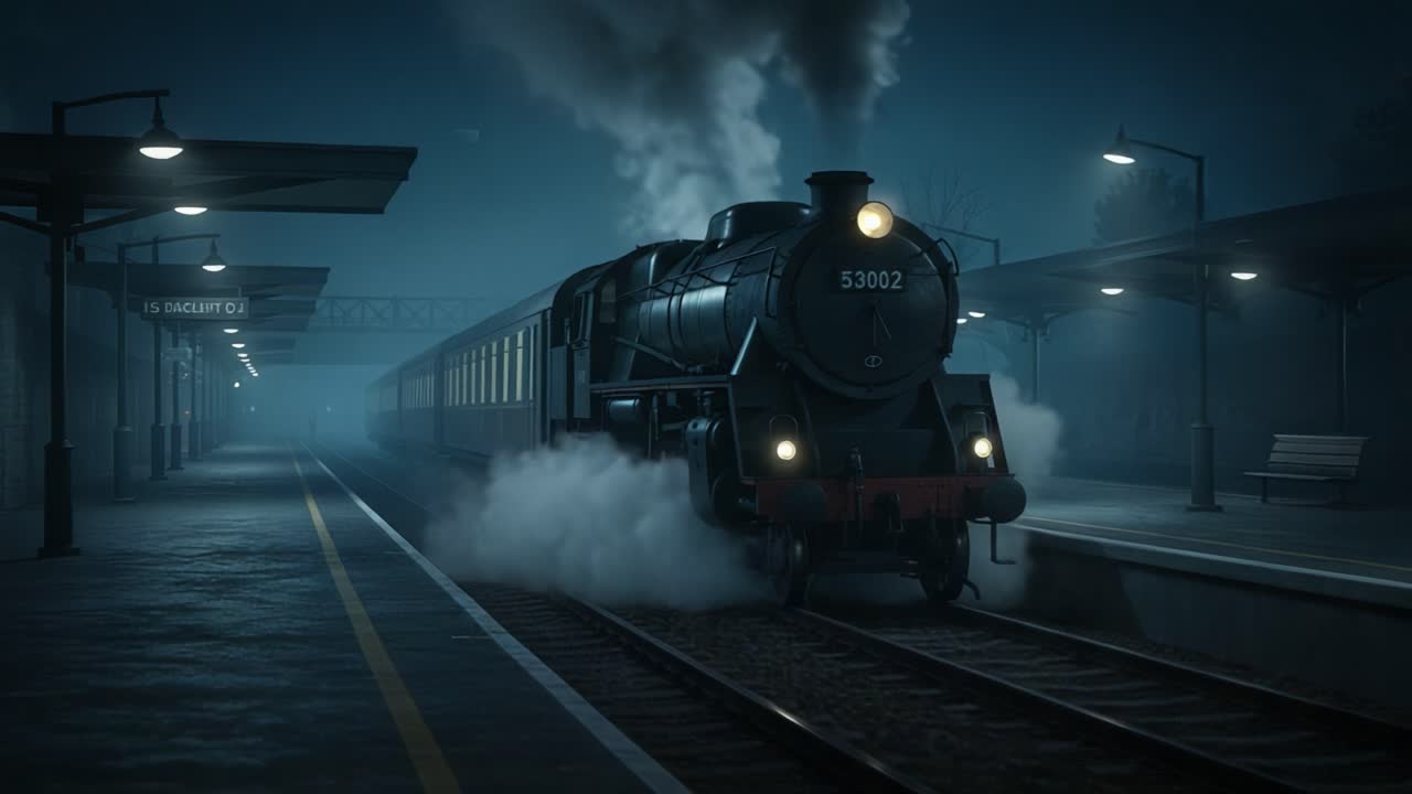 A vintage steam locomotive emerges from the mist at a dimly lit station, creating a captivating scene of nostalgia and mystery in the stillness of the night