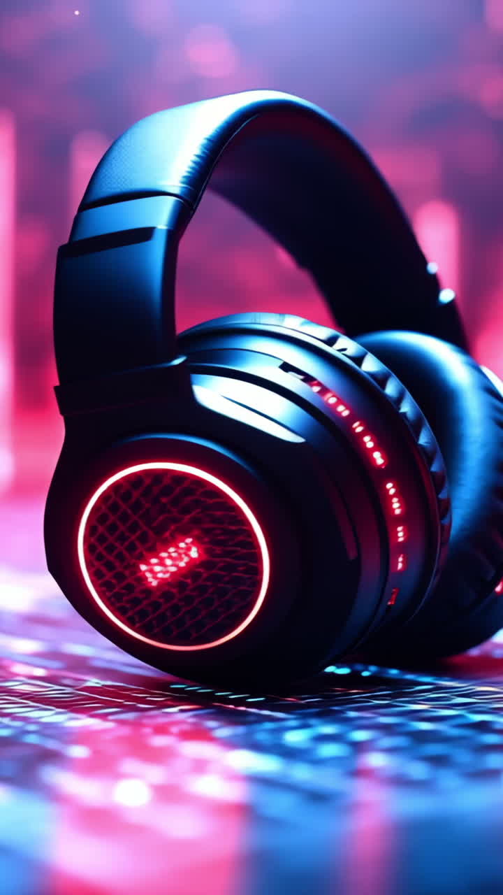 High-tech headphones in vibrant light. Black headphones with glowing accents sit on a colorful digital surface, highlighting modern design and tech.