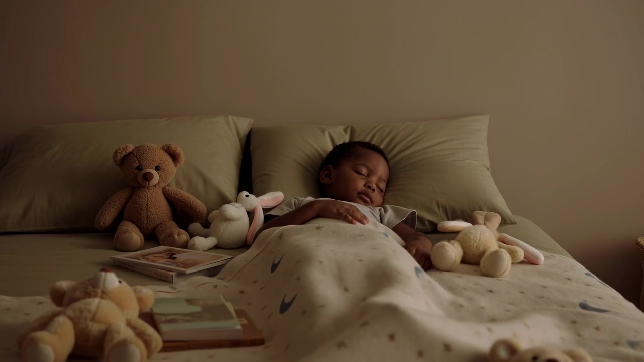 Sleeping Black Baby Tucked Under Blanket, Soft Low Light, Plush Teddy Companions, Bedtime Book On Nightstand,