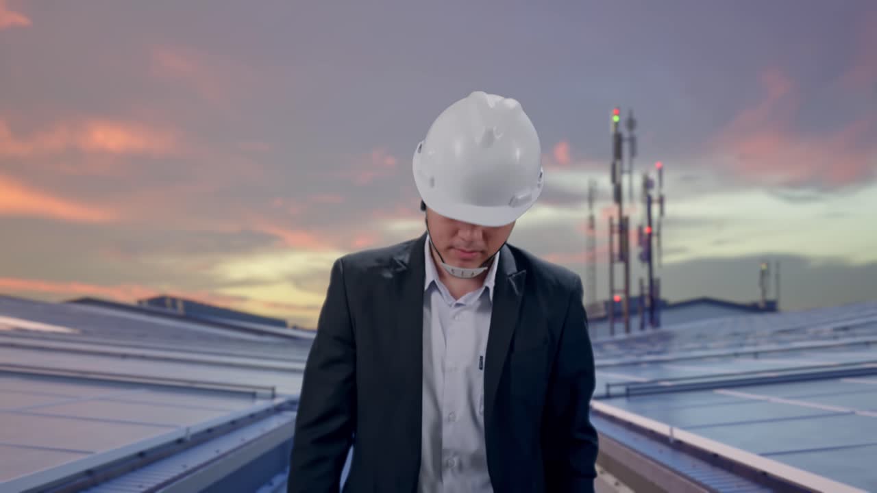 Vorderansicht eines asiatischen Geschäftsmannes, der auf dem Dach eines Industriegebäudes mit Solarpaneelen geht.