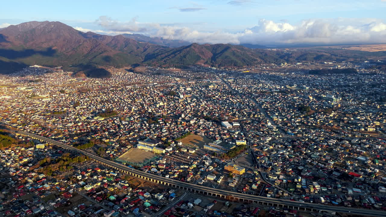 Aerial drone view of the Fujikawaguchiko town, Japan in daylight