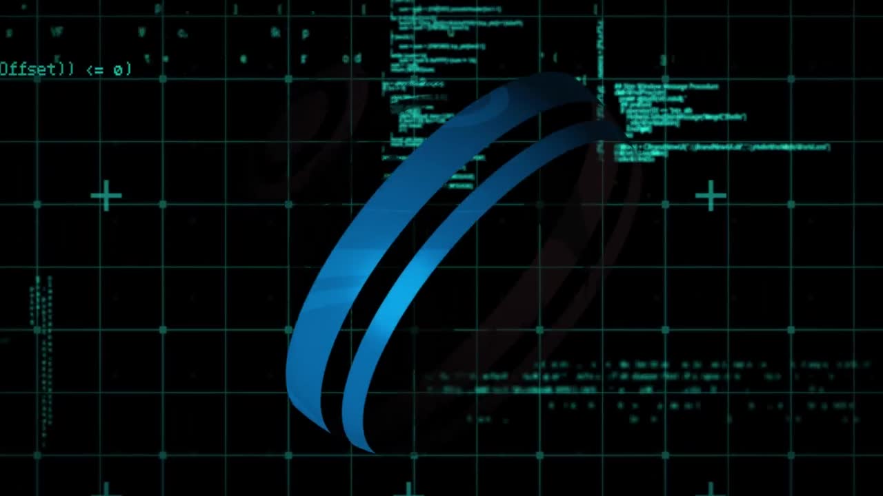 Animation of sphere with blue circles spinning against data, grids on digital interface