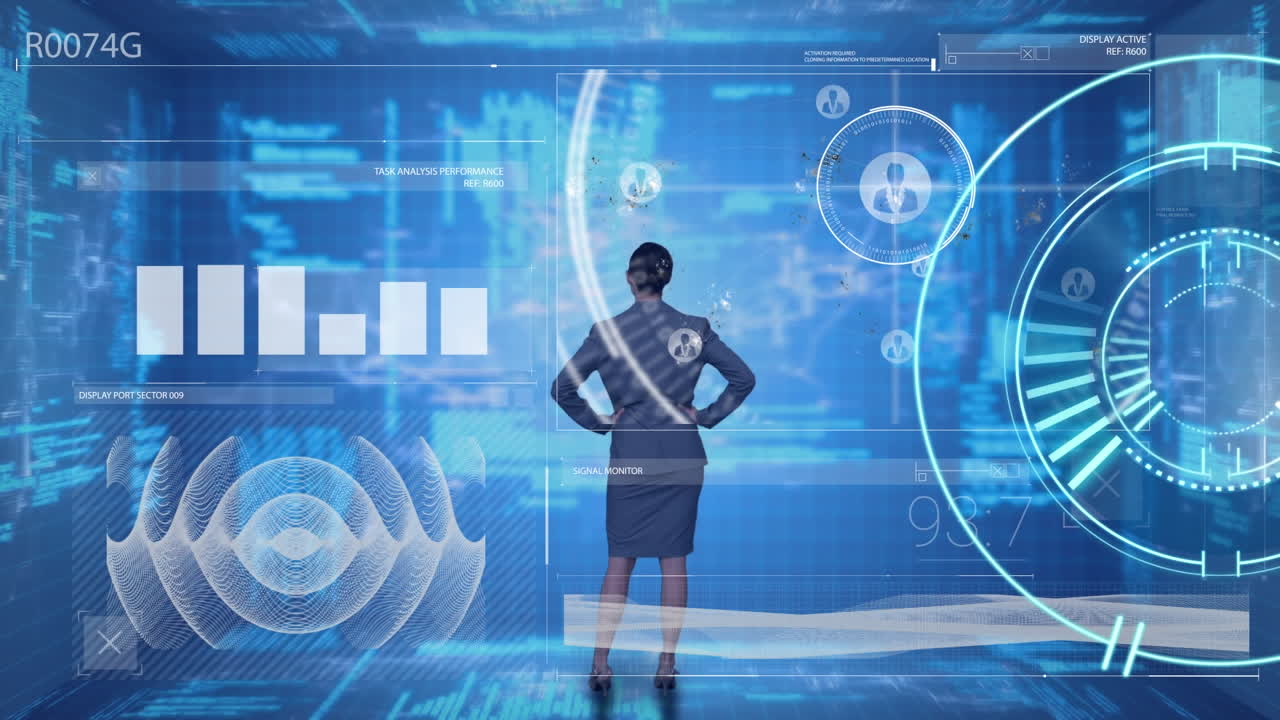 animación de la interfaz con procesamiento de datos sobre la vista trasera de una mujer de negocios contra un fondo azul.