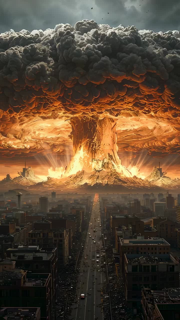 Vertical video: Flashing light sending fireball up along urban avenue, with glowing mushroom cloud