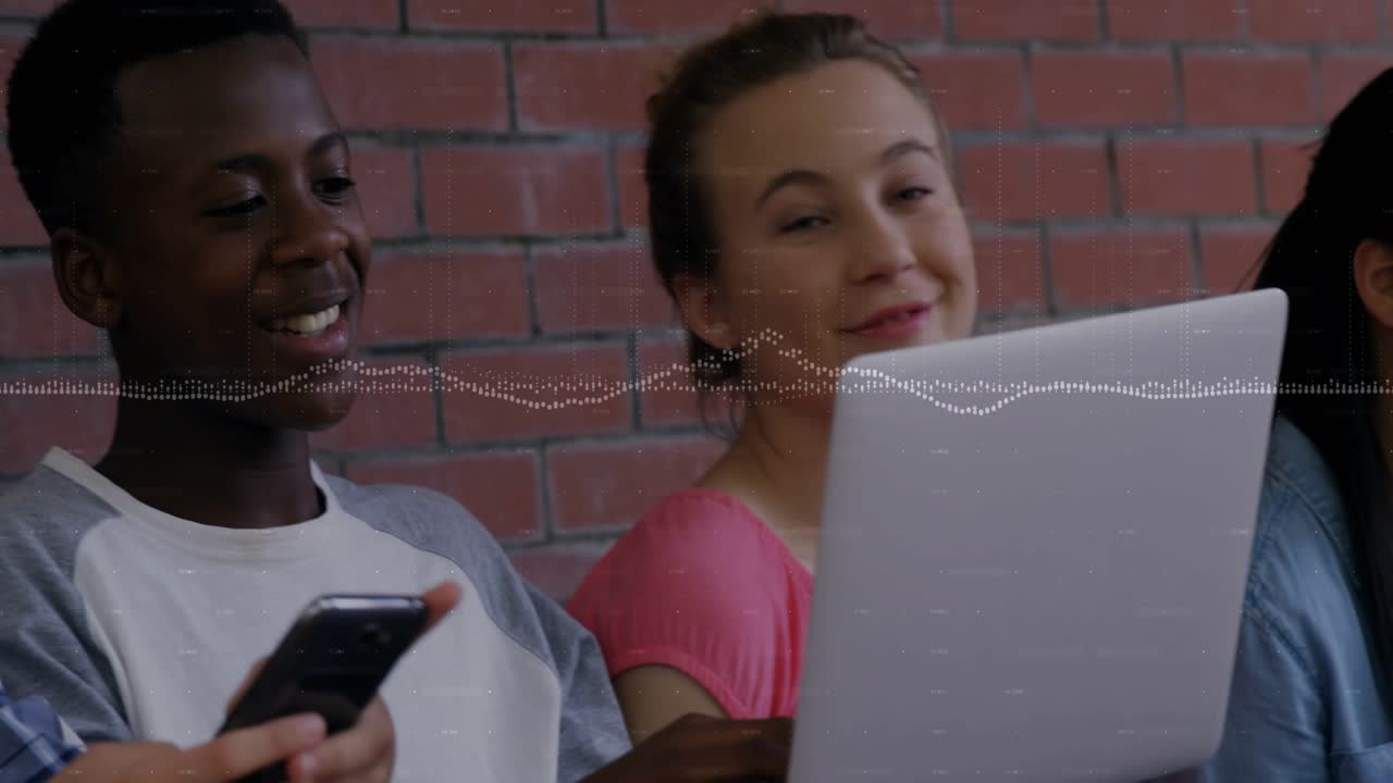 Camera panning leftward girl scrolling phone school students comparing content on laptop tablet