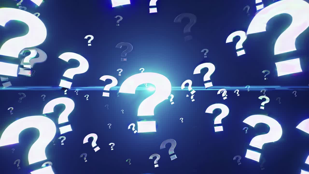A dynamic video concept featuring glowing question marks floating in a dark space