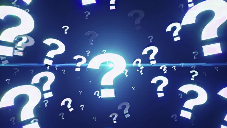 A dynamic video concept featuring glowing question marks floating in a dark space