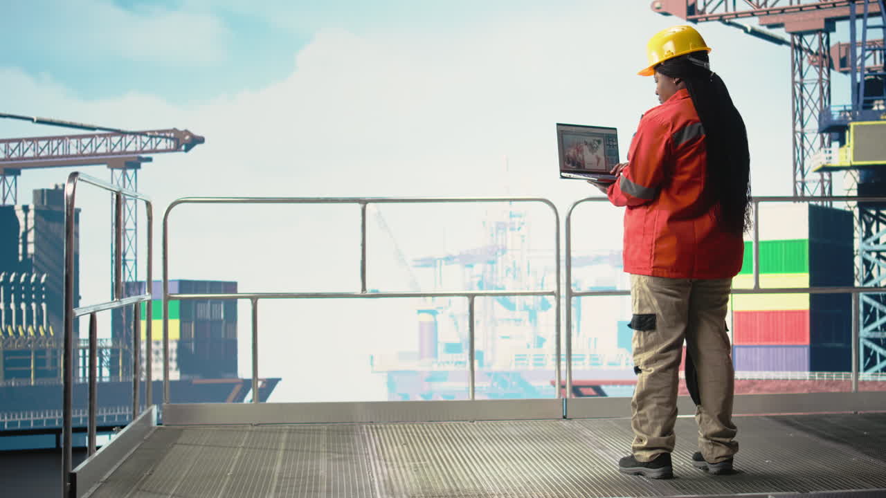 Vertical video Engineer using laptop to analyze map and determine offshore drilling location