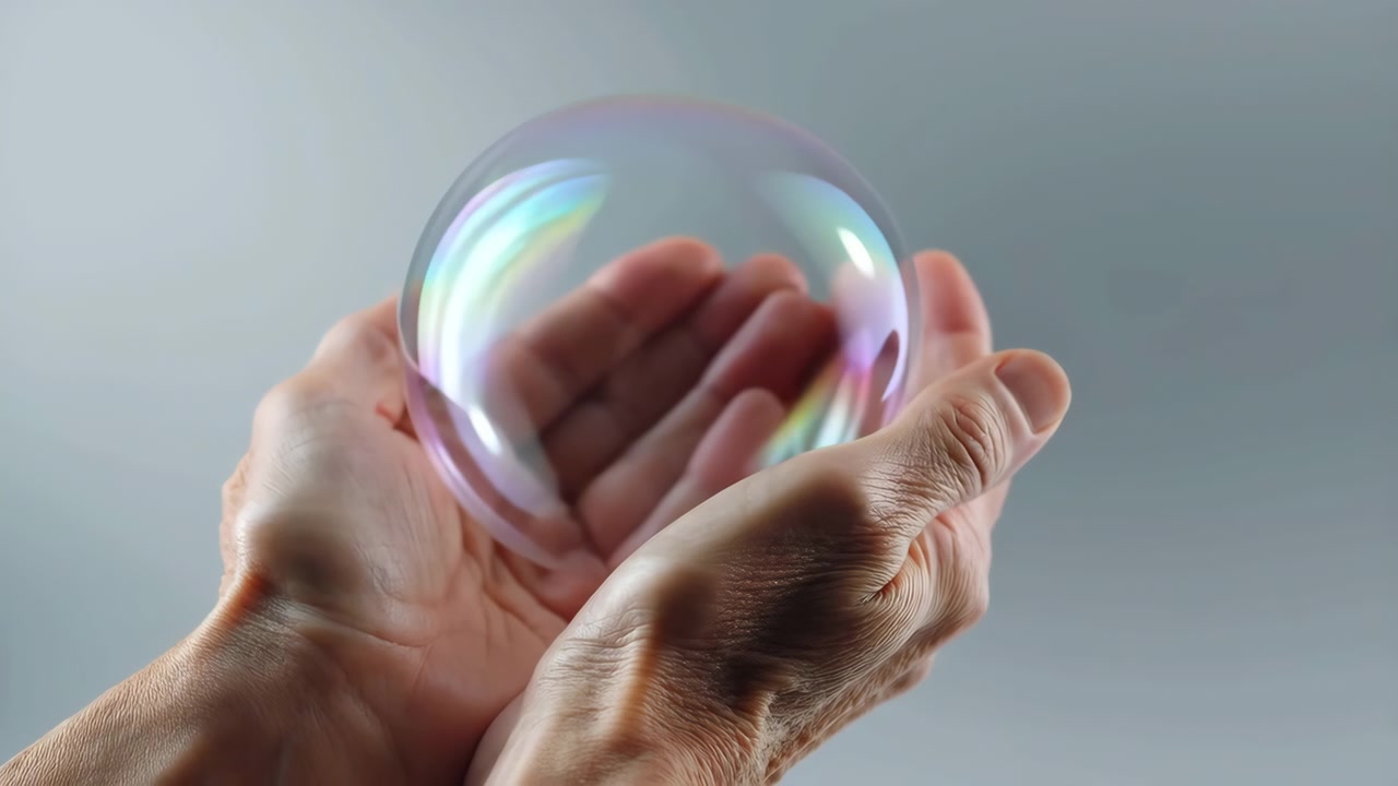 Close-up view of two cupped hands containing single transparent soap bubble, then releasing fine droplets and soft mist as fragile sphere bursts outward, with curved fingers, soft highlights, and