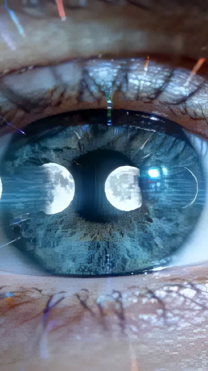 Video vertical: Primer plano de un solo ojo manteniendo la mirada, con una superposición que muestra lunas en fases deslizantes.