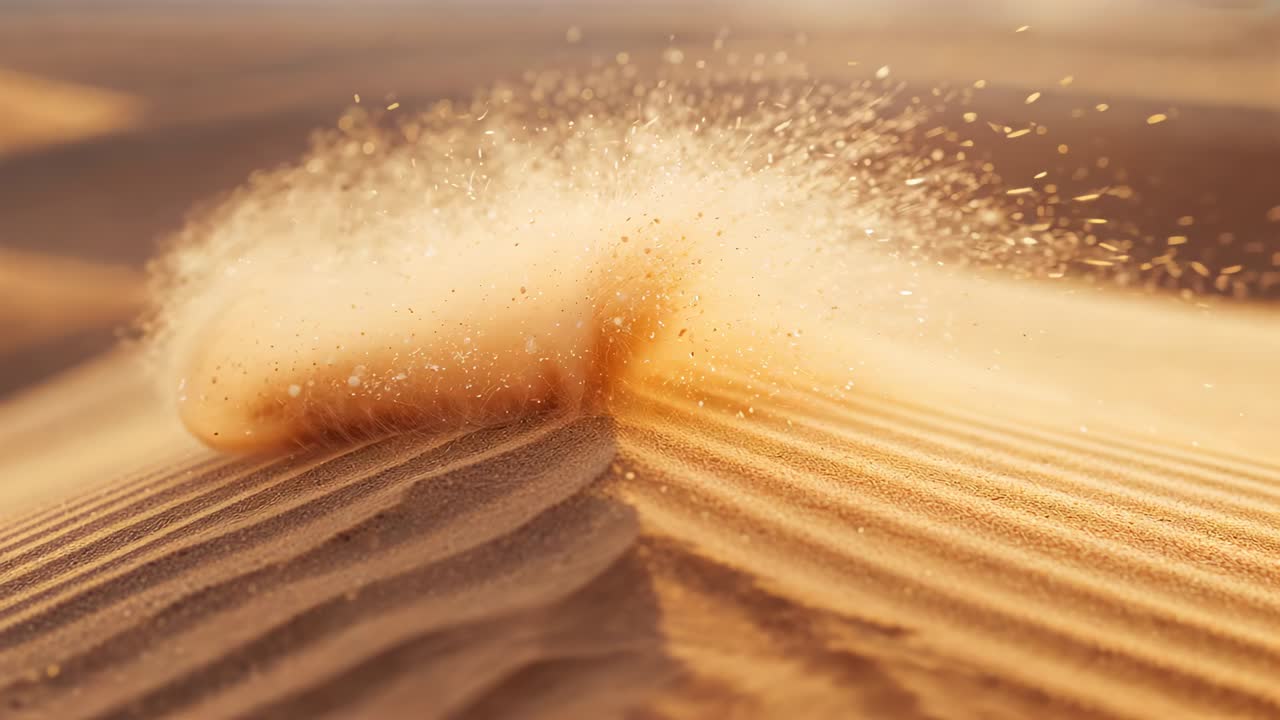 Gusting wind lifting sand grains along dune crest at golden hour, reshaping ridge, forming veil