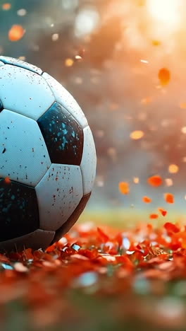 ball amidst bright petals. a soccer ball rests on a lush green field, scattered with vibrant red petals under warm sunlight.
