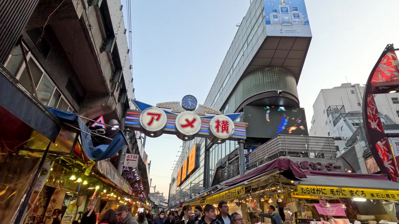 Lavvinkelbillede af fodgængere, der går gennem den ikoniske indgang til Ameyoko-markedet i Tokyo, Japan