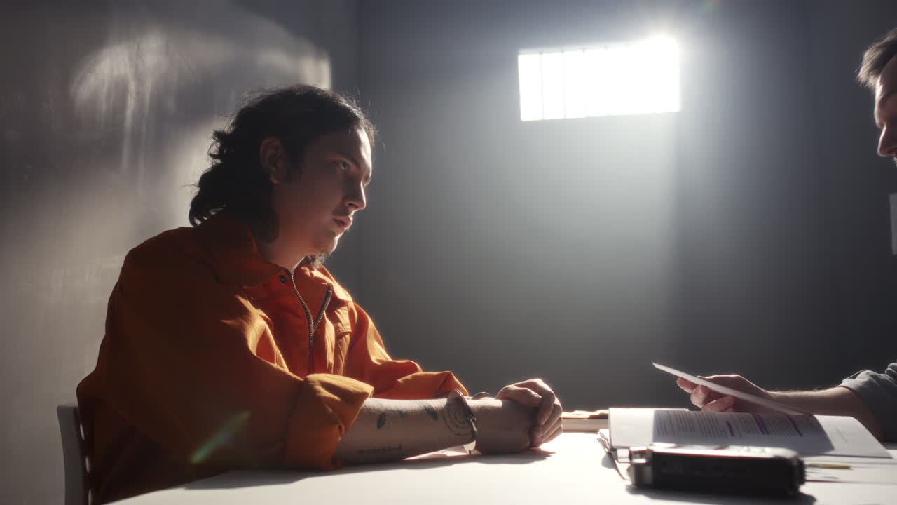 Inmate Denying His Guilt during Interrogation in Police Interview Room