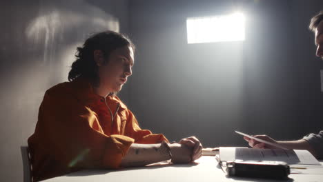 inmate denying his guilt during interrogation in police interview room
