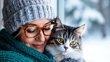 a woman wearing glasses and a hat holding a cat