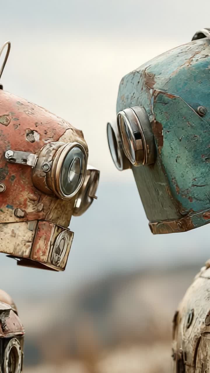 Une rencontre rapprochée entre deux robots vintage, capturant un moment de curiosité et de connexion à travers leurs conceptions mécaniques intrigantes et leur patine usée.
