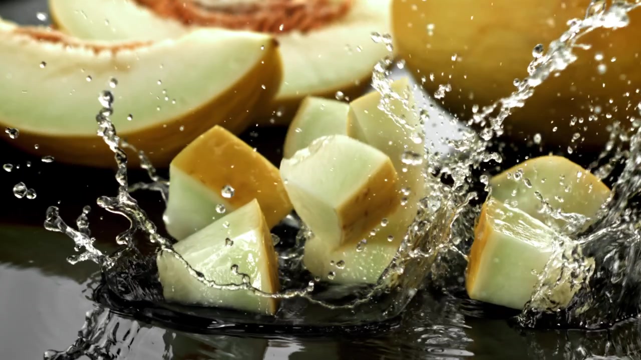 Slow Motion of Fresh Melon Pieces Falling into Water