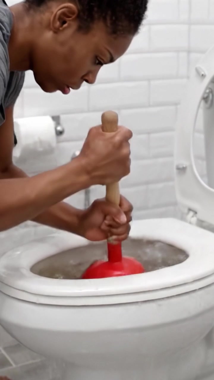 A Determined Woman Addresses a Clogged Toilet with a Plunger, Demonstrating Home Maintenance Skills in a Modern Bathroom Setting Filled with Natural Light