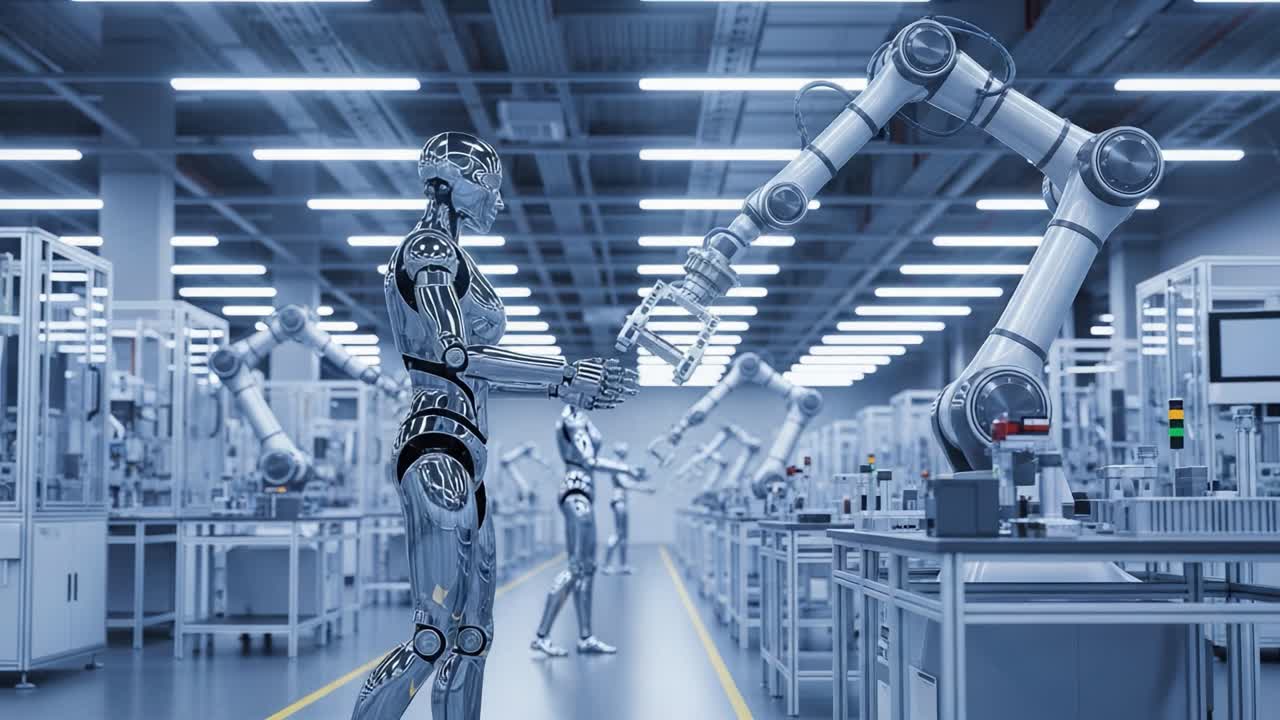 Futuristic Robotics Collaboration: A Glimpse into Advanced Machine Interfaces in an Automated Manufacturing Environment