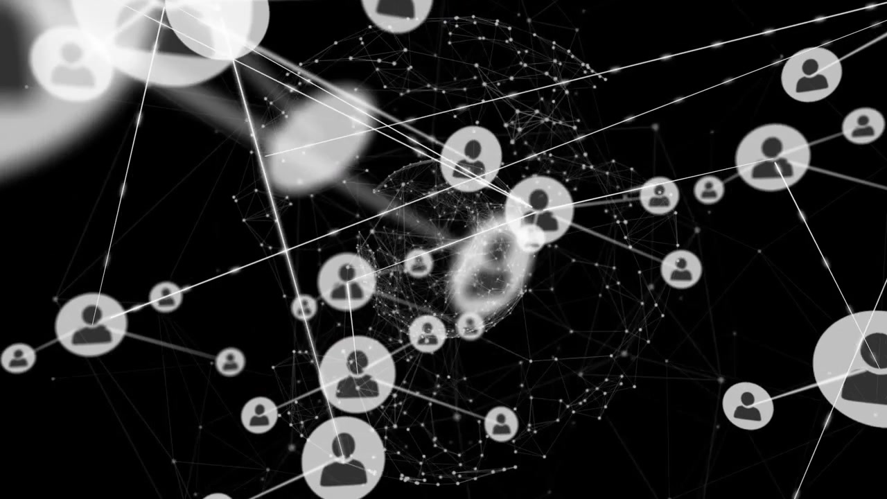 Drifting large user-icon initiating white connections to wireframe globe, forming expanding network