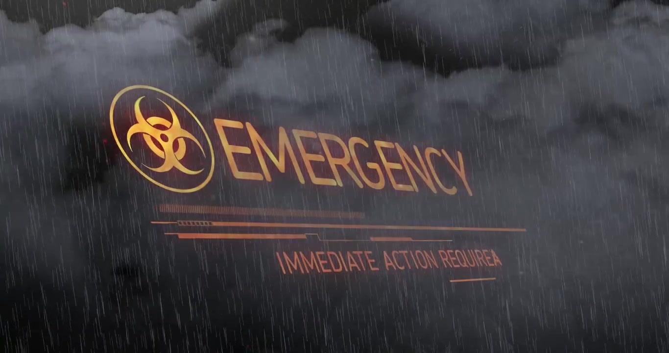 Fulmini che lampeggiano in mezzo alla tempesta, un emblema dorato che appare e il titolo "EMERGENZA" che rivela un allarme urgente.