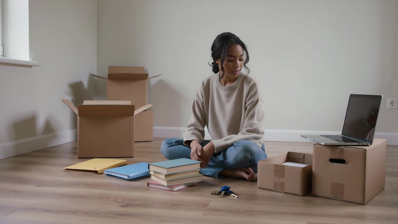 Glancing at laptop and boxes, woman in beige sweater and jeans stacking books while unpacking boxes