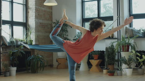 a woman performing various yoga poses in a bright, plant-filled home studio