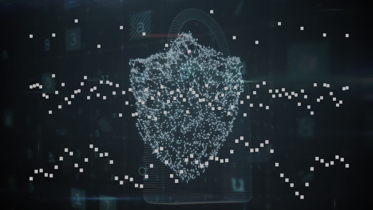 animación del procesamiento de datos de ciberseguridad sobre el icono del escudo de seguridad contra un fondo negro