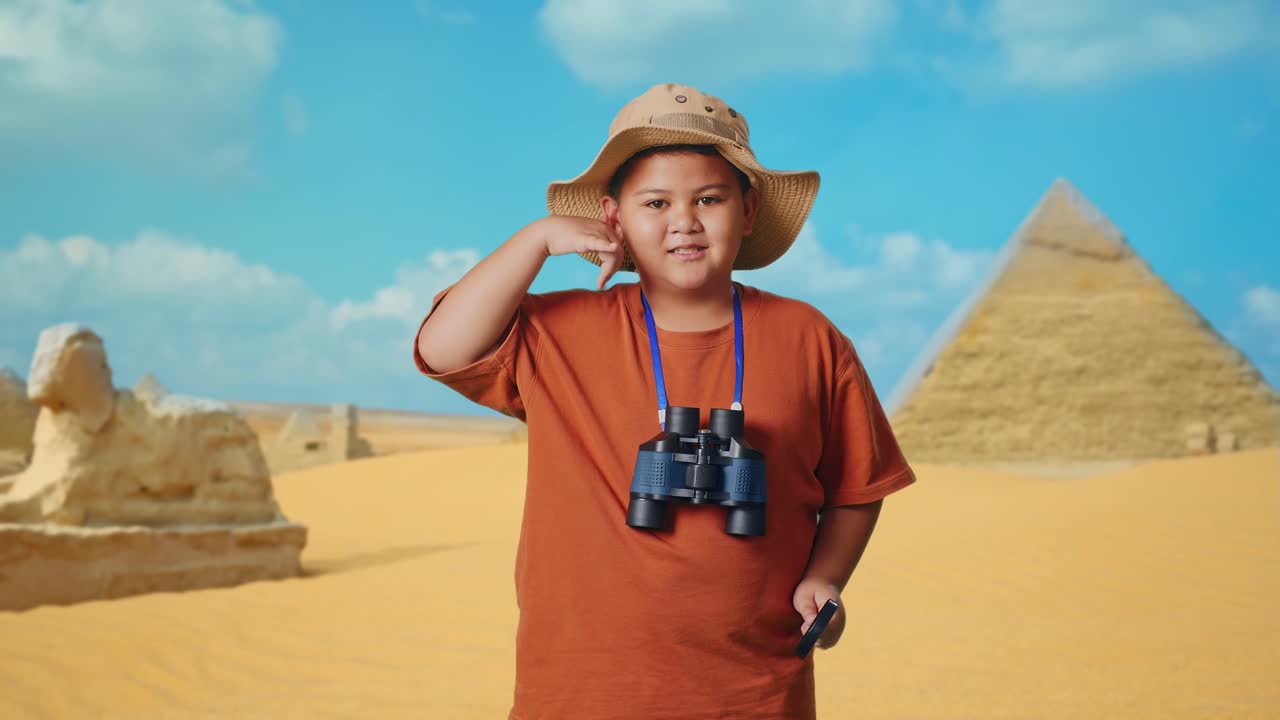 Asian Boy With A Hat And Binoculars Using The Magnifying Glass Then Making Call Me Gesture While Traveling In Giza Pyramid. Boy Researcher Examines Something, Travel Tourism Adventure Concept